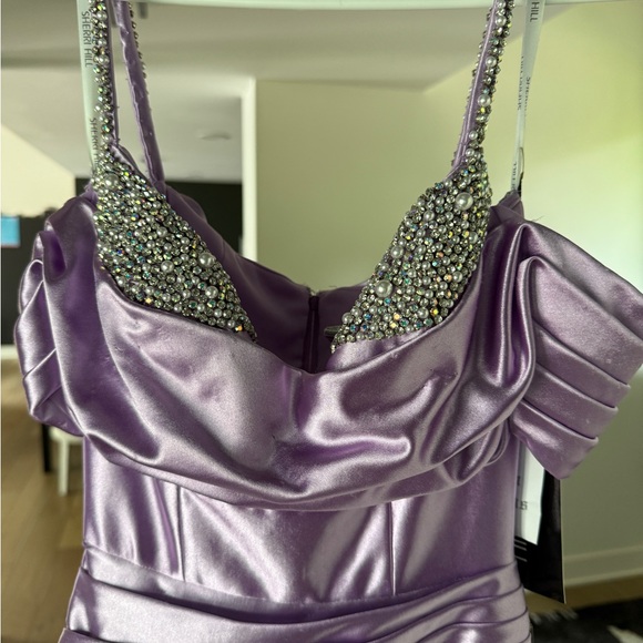 Sherri Hill Purple Ruched Gown with Cold Shoulder - Picture 4 of 7